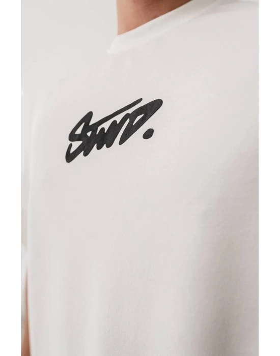 Erkek Baskılı Oversize T-shirt - Beyaz