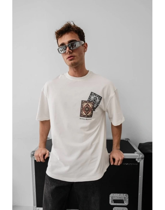 Erkek Baskılı Oversize T-shirt - Beyaz