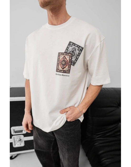 Erkek Baskılı Oversize T-shirt - Beyaz