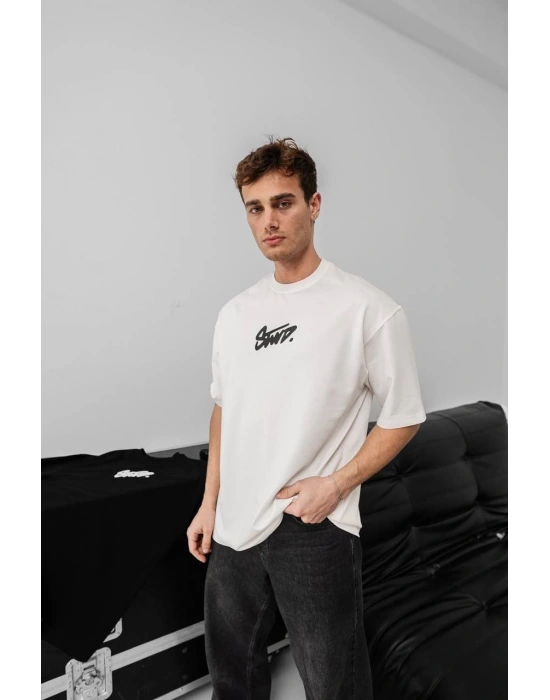 Erkek Baskılı Oversize T-shirt - Beyaz