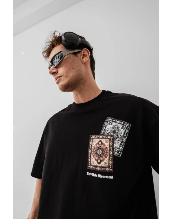 Erkek Baskılı Oversize T-shirt - Siyah