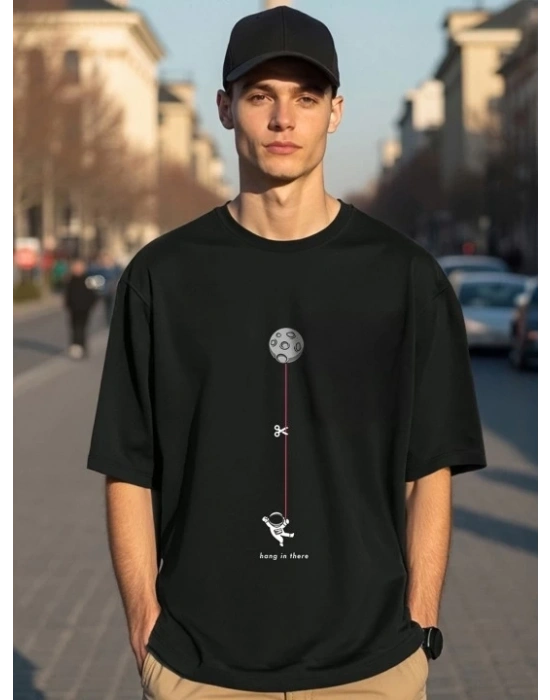 Erkek Baskılı Oversize T-shirt - Siyah