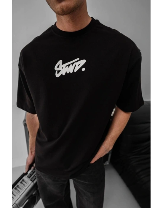 Erkek Baskılı Oversize T-shirt - Siyah