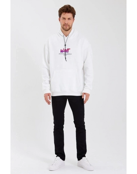 Erkek Baskılı Üç İplik Kapüşonlu Oversize Sweatshirt - Beyaz
