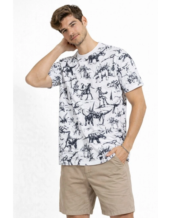 Erkek Beyaz Dinozor Desenli Tişört – Regular Fit, Bisiklet Yaka, Dijital Baskılı Pamuklu T-Shirt - Beyaz