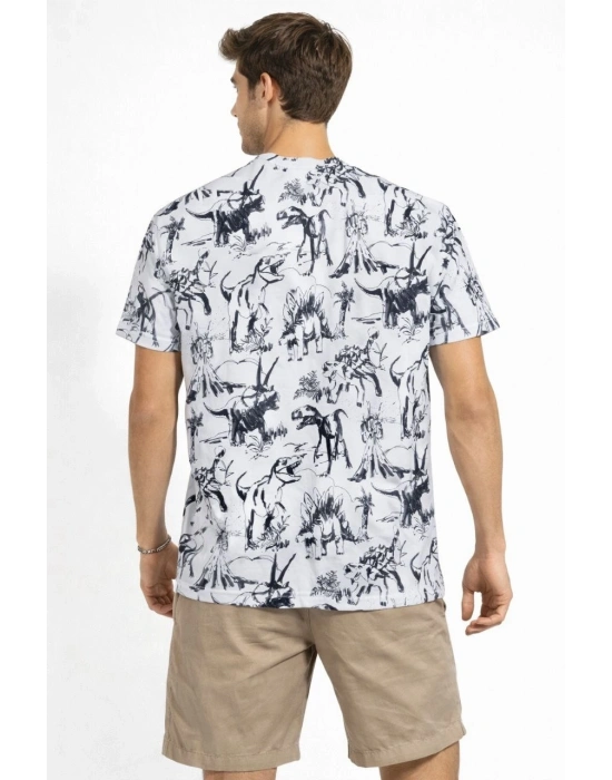 Erkek Beyaz Dinozor Desenli Tişört – Regular Fit, Bisiklet Yaka, Dijital Baskılı Pamuklu T-Shirt - Beyaz
