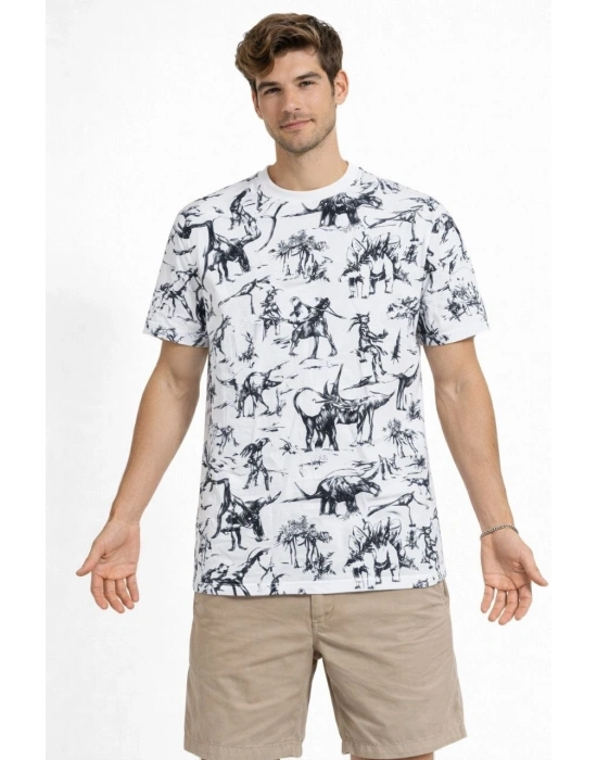 Erkek Beyaz Dinozor Desenli Tişört – Regular Fit, Bisiklet Yaka, Dijital Baskılı Pamuklu T-Shirt - Beyaz
