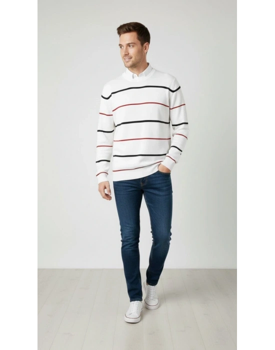 Erkek Bisiklet Yaka Cizgili Triko Kazak yumuşak dokulu Pamuklu ince Dokuma, uzun kollu Rahat Regular kalıp - Beyaz