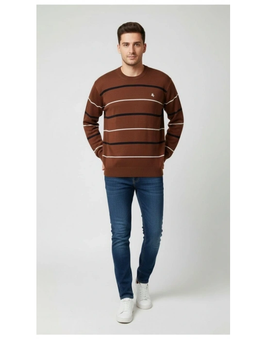 Erkek Bisiklet Yaka Cizgili Triko Kazak yumuşak dokulu Pamuklu ince Dokuma, uzun kollu Rahat Regular kalıp - Kahverengi