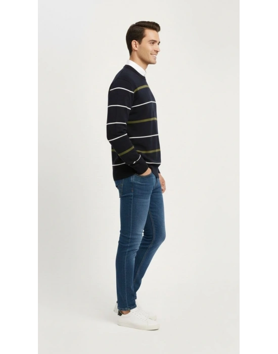 Erkek Bisiklet Yaka Cizgili Triko Kazak yumuşak dokulu Pamuklu ince Dokuma, uzun kollu Rahat Regular kalıp - Lacivert