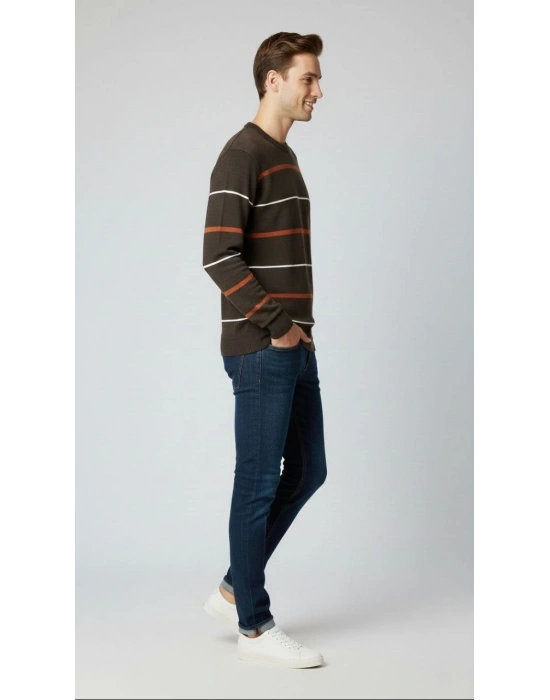 Erkek Bisiklet Yaka Cizgili Triko Kazak yumuşak dokulu Pamuklu ince Dokuma, uzun kollu Rahat Regular kalıp - Koyu Kahverengi