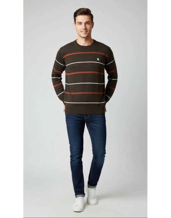 Erkek Bisiklet Yaka Cizgili Triko Kazak yumuşak dokulu Pamuklu ince Dokuma, uzun kollu Rahat Regular kalıp - Koyu Kahverengi