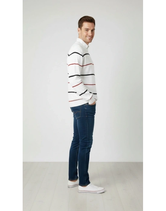 Erkek Bisiklet Yaka Cizgili Triko Kazak yumuşak dokulu Pamuklu ince Dokuma, uzun kollu Rahat Regular kalıp - Beyaz