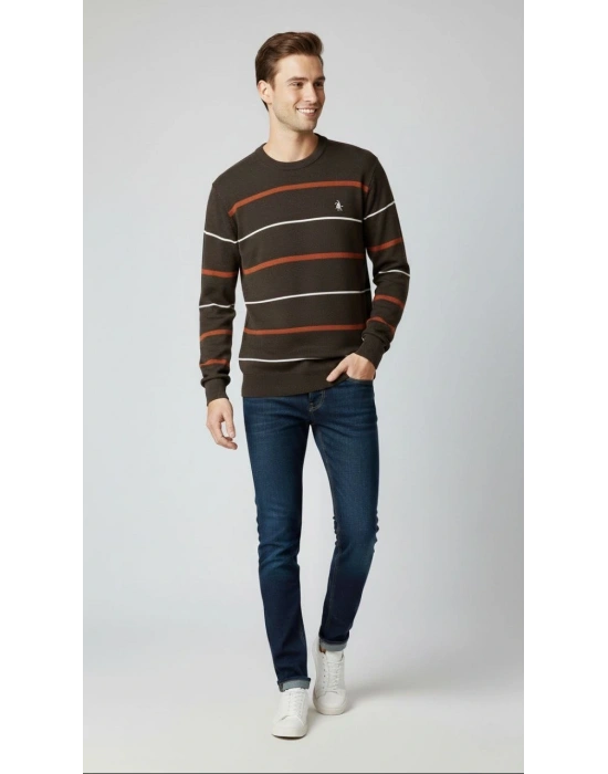 Erkek Bisiklet Yaka Cizgili Triko Kazak yumuşak dokulu Pamuklu ince Dokuma, uzun kollu Rahat Regular kalıp - Koyu Kahverengi