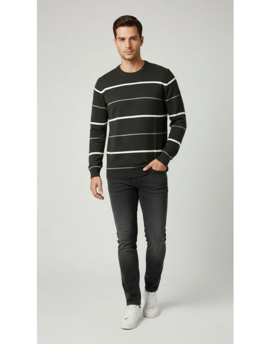 Erkek Bisiklet Yaka Cizgili Triko Kazak yumuşak dokulu Pamuklu ince Dokuma, uzun kollu Rahat Regular kalıp - Füme