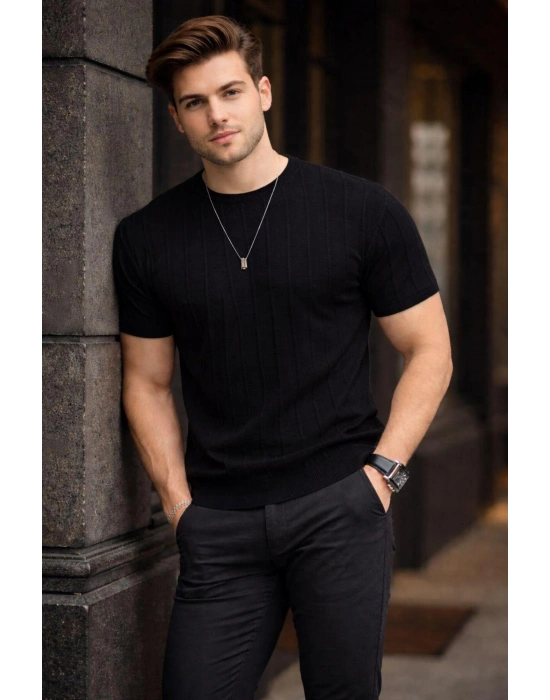 Erkek Bisiklet Yaka Dikine Çizgi Detaylı Yazlık Kısa Kollu Triko Tişört / Siyah