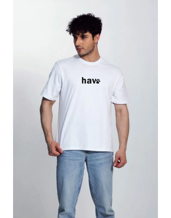 Erkek Bisiklet Yaka Kısa Kol hav Baskılı T-shirt - Beyaz