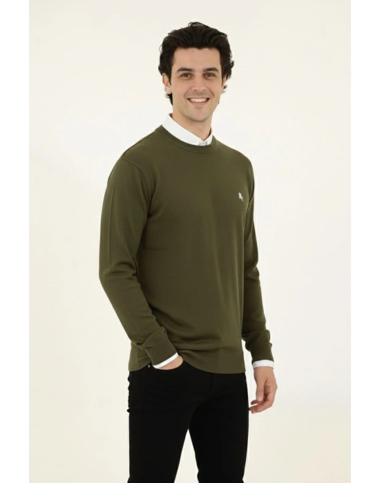 Erkek Bisiklet Yaka Nakış işlemeli Triko Kazak yumuşak dokulu Pamuklu ince Dokuma, uzun kollu Rahat Regular kalıp - Haki