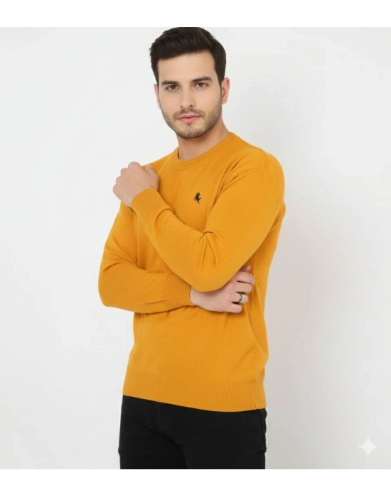 Erkek Bisiklet Yaka Nakış işlemeli Triko Kazak yumuşak dokulu Pamuklu ince Dokuma, uzun kollu Rahat Regular kalıp - Turuncu