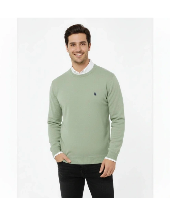 Erkek Bisiklet Yaka Nakış işlemeli Triko Kazak yumuşak dokulu Pamuklu ince Dokuma, uzun kollu Rahat Regular kalıp - Mint Yeşili