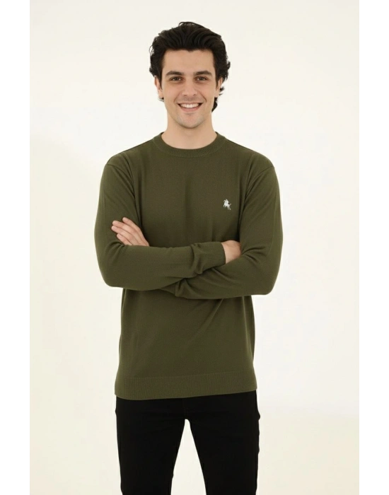 Erkek Bisiklet Yaka Nakış işlemeli Triko Kazak yumuşak dokulu Pamuklu ince Dokuma, uzun kollu Rahat Regular kalıp - Haki