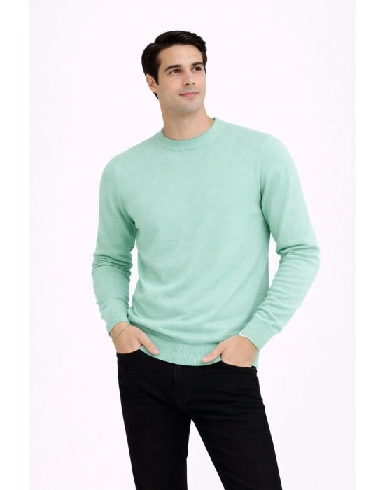 Erkek Bisiklet Yaka Triko Kazak yumuşak dokulu Pamuklu ince Dokuma, uzun kollu Rahat Regular kalıp - Mint Yeşili