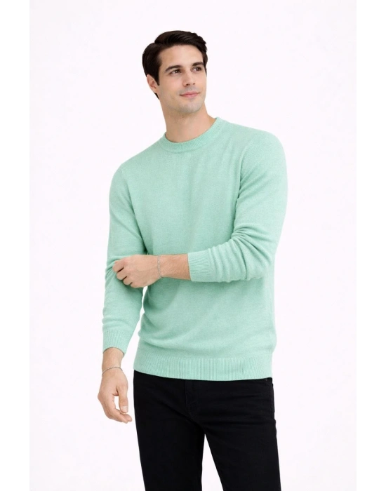 Erkek Bisiklet Yaka Triko Kazak yumuşak dokulu Pamuklu ince Dokuma, uzun kollu Rahat Regular kalıp - Mint Yeşili