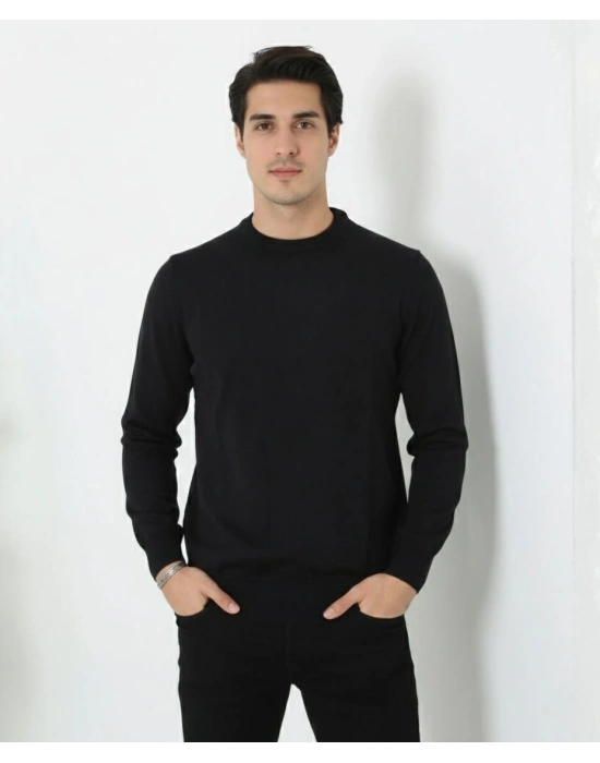 Erkek Bisiklet Yaka Triko Kazak yumuşak dokulu Pamuklu ince Dokuma, uzun kollu Rahat Regular kalıp - Siyah