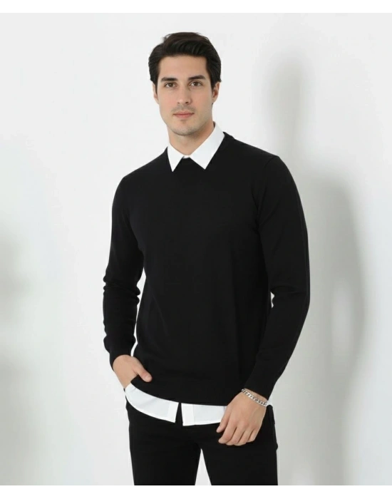 Erkek Bisiklet Yaka Triko Kazak yumuşak dokulu Pamuklu ince Dokuma, uzun kollu Rahat Regular kalıp - Siyah