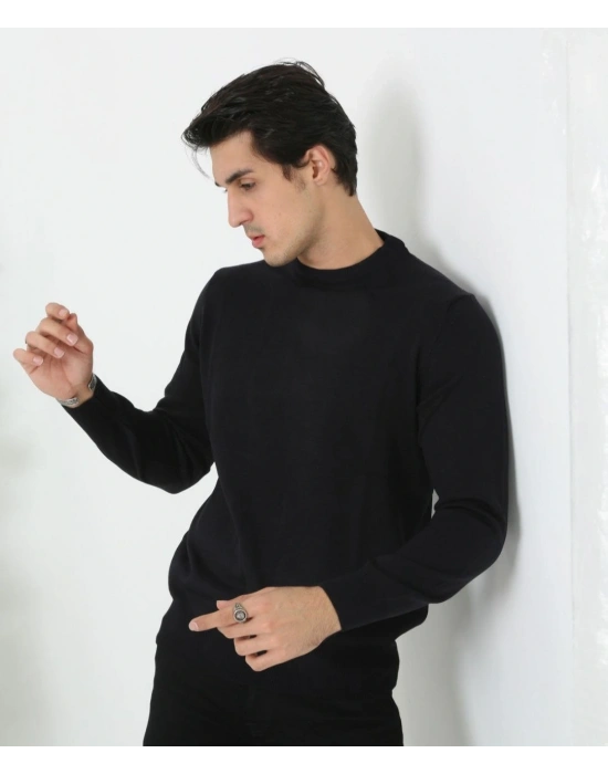 Erkek Bisiklet Yaka Triko Kazak yumuşak dokulu Pamuklu ince Dokuma, uzun kollu Rahat Regular kalıp - Siyah