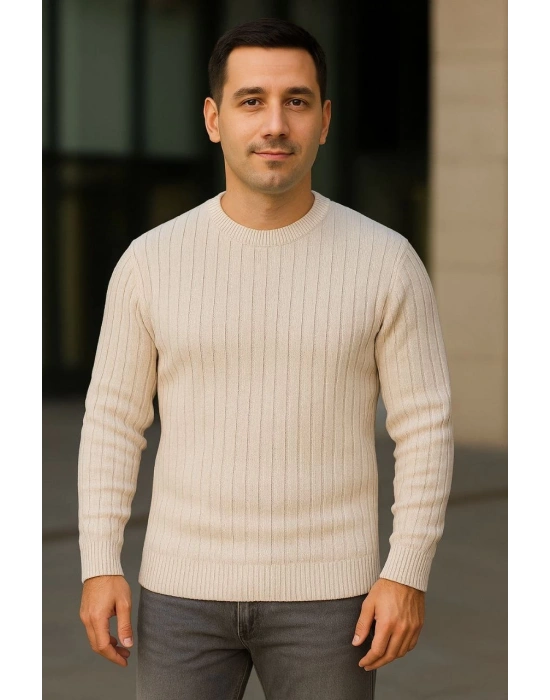 Erkek Bisiklet Yuvarlak Yaka Triko Kazak Pamuklu Kalın Fitilli Dokuma, Regular Fit Uzun Kollu Kışlık Model - Bej