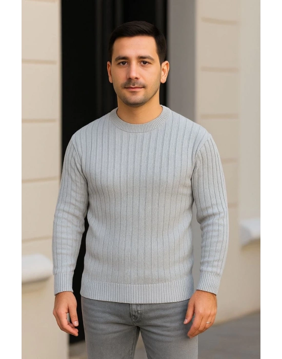 Erkek Bisiklet Yuvarlak Yaka Triko Kazak Pamuklu Kalın Fitilli Dokuma, Regular Fit Uzun Kollu Kışlık Model - Gri