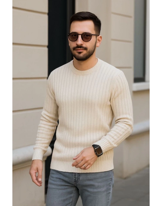 Erkek Bisiklet Yuvarlak Yaka Triko Kazak Pamuklu Kalın Fitilli Dokuma, Regular Fit Uzun Kollu Kışlık Model - Bej