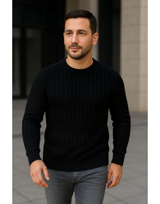 Erkek Bisiklet Yuvarlak Yaka Triko Kazak Pamuklu Kalın Fitilli Dokuma, Regular Fit Uzun Kollu Kışlık Model - Siyah