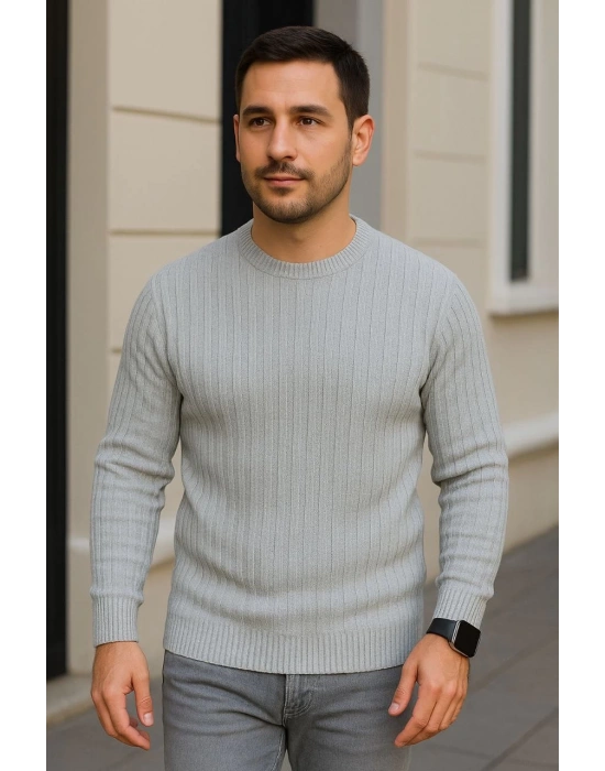 Erkek Bisiklet Yuvarlak Yaka Triko Kazak Pamuklu Kalın Fitilli Dokuma, Regular Fit Uzun Kollu Kışlık Model - Gri