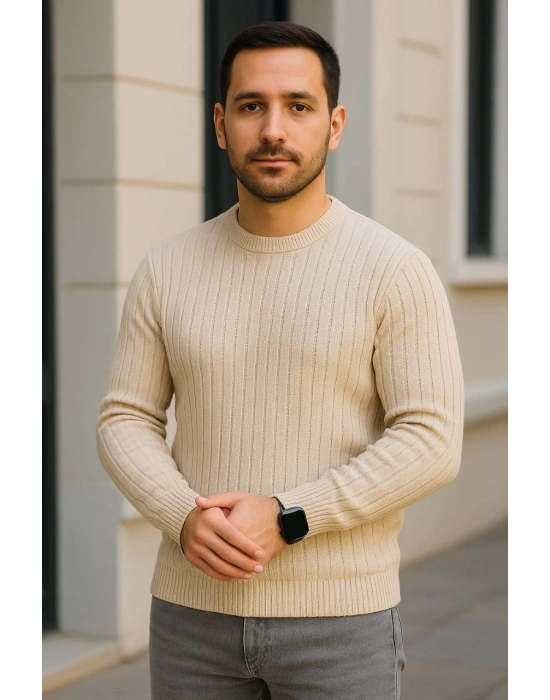 Erkek Bisiklet Yuvarlak Yaka Triko Kazak Pamuklu Kalın Fitilli Dokuma, Regular Fit Uzun Kollu Kışlık Model - Bej
