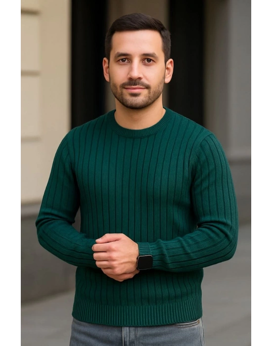 Erkek Bisiklet Yuvarlak Yaka Triko Kazak Pamuklu Kalın Fitilli Dokuma, Regular Fit Uzun Kollu Kışlık Model - Haki