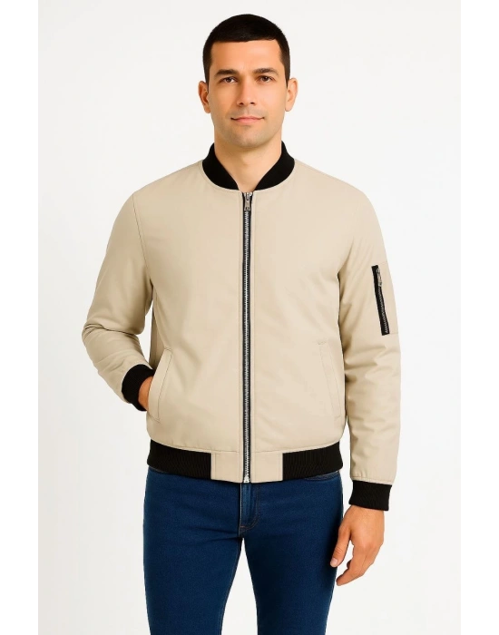 Erkek Bomber Mont Ceket – Fermuarlı, Kapitone İçi Astarlı, Su İtici Kumaş, Regular Fit, Uzun Kollu, Yandan Cepli, Bahar & Kış Rahat Günlük Stil - Bej