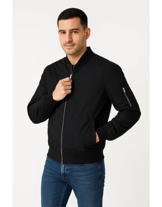 Erkek Bomber Mont Ceket – Fermuarlı, Kapitone İçi Astarlı, Su İtici Kumaş, Regular Fit, Uzun Kollu, Yandan Cepli, Bahar & Kış Rahat Günlük Stil - Siyah