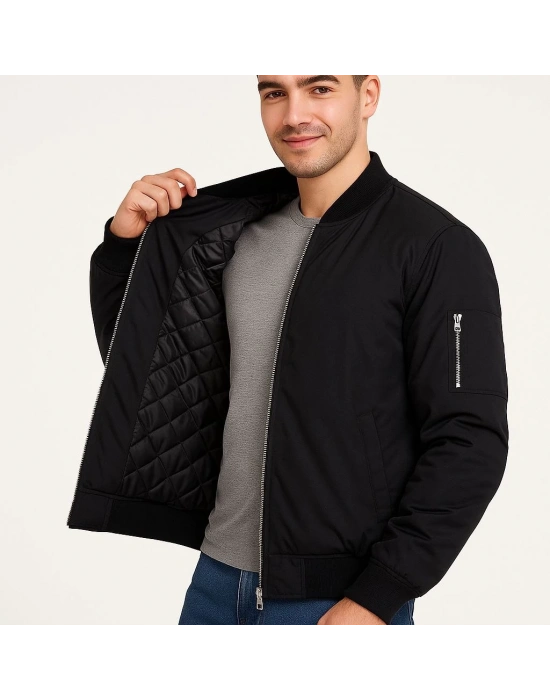 Erkek Bomber Mont Ceket – Fermuarlı, Kapitone İçi Astarlı, Su İtici Kumaş, Regular Fit, Uzun Kollu, Yandan Cepli, Bahar & Kış Rahat Günlük Stil - Siyah