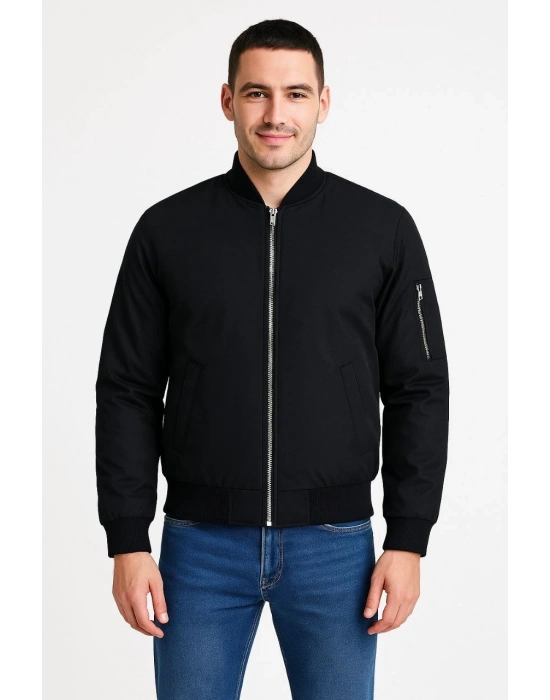 Erkek Bomber Mont Ceket – Fermuarlı, Kapitone İçi Astarlı, Su İtici Kumaş, Regular Fit, Uzun Kollu, Yandan Cepli, Bahar & Kış Rahat Günlük Stil - Siyah