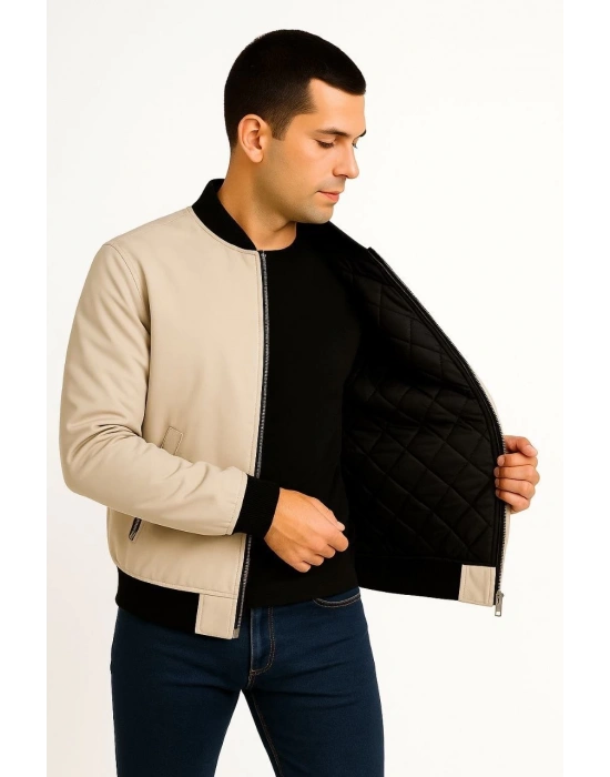 Erkek Bomber Mont Ceket – Fermuarlı, Kapitone İçi Astarlı, Su İtici Kumaş, Regular Fit, Uzun Kollu, Yandan Cepli, Bahar & Kış Rahat Günlük Stil - Bej