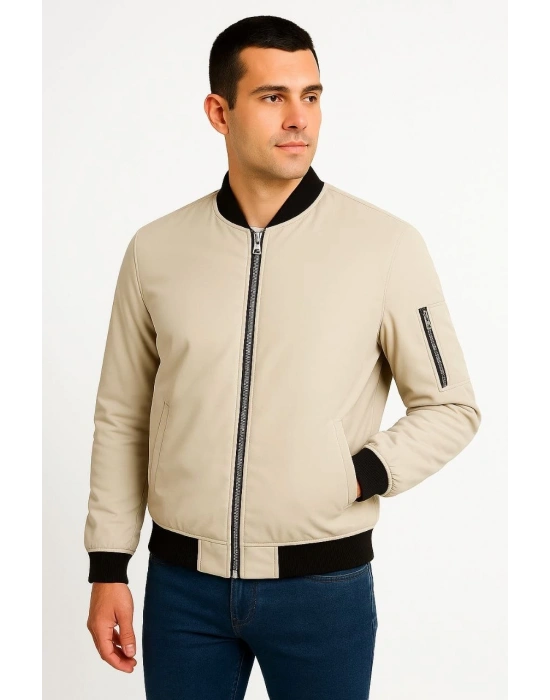 Erkek Bomber Mont Ceket – Fermuarlı, Kapitone İçi Astarlı, Su İtici Kumaş, Regular Fit, Uzun Kollu, Yandan Cepli, Bahar & Kış Rahat Günlük Stil - Bej