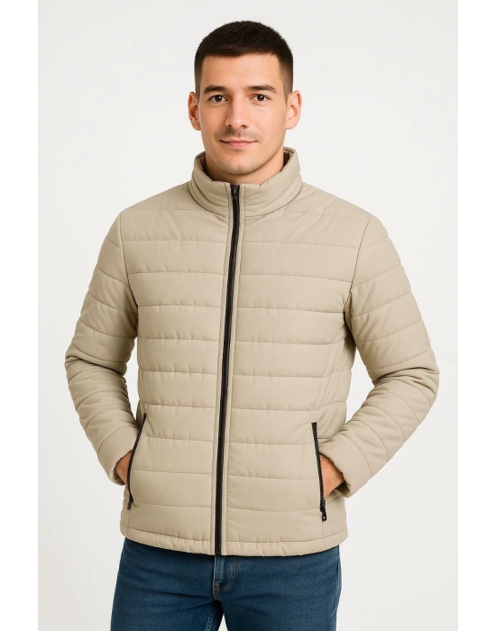 Erkek Bomber Mont Ceket – Su İtici Kumaş, Kapitone Astarlı, Fermuarlı, Kışlık - Bej