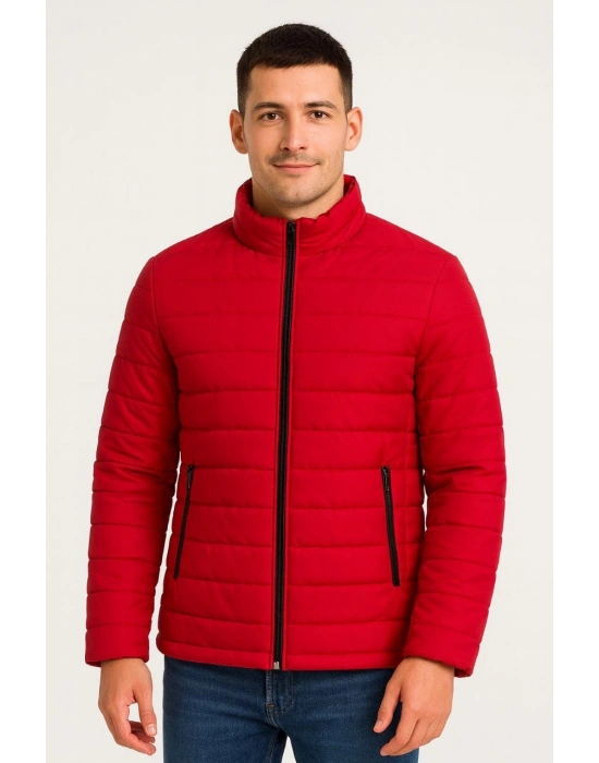 Erkek Bomber Mont Ceket – Su İtici Kumaş, Kapitone Astarlı, Fermuarlı, Kışlık - Kırmızı
