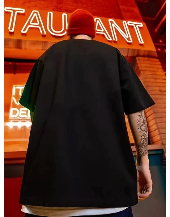 erkek büyük beden Kart baskılı düz renk kısa kollu bisiklet yaka tişört gündelik giyim - Siyah