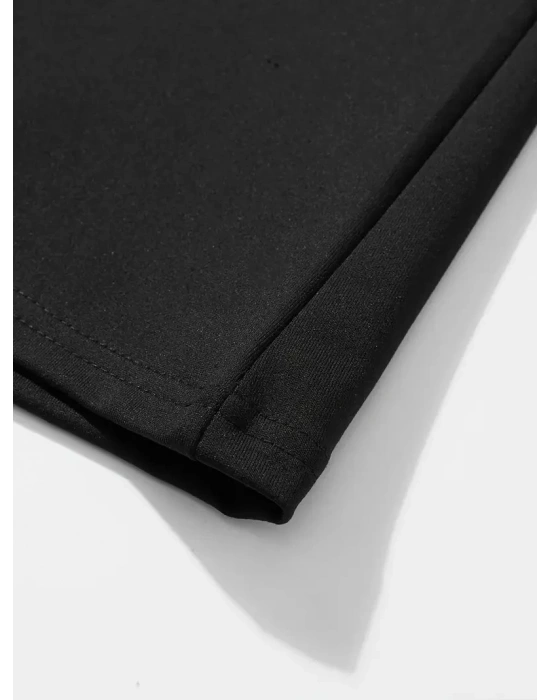 erkek büyük beden Kart baskılı düz renk kısa kollu bisiklet yaka tişört gündelik giyim - Siyah