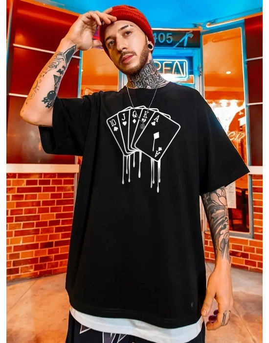 erkek büyük beden Kart baskılı düz renk kısa kollu bisiklet yaka tişört gündelik giyim - Siyah