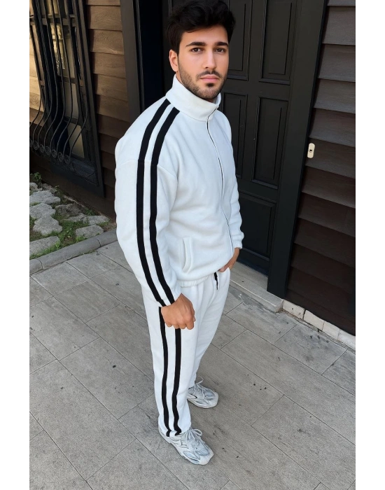 Erkek Çift Şeritli Eşofman Takım Dik Yaka Fermuarlı Sweatshirt Boru Paça Alt, Oversize 3 iplik Pamuklu - Beyaz