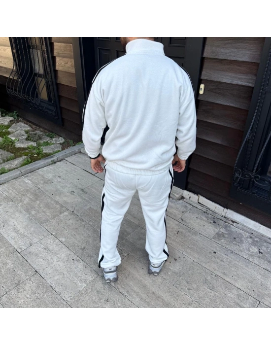 Erkek Çift Şeritli Eşofman Takım Dik Yaka Fermuarlı Sweatshirt Boru Paça Alt, Oversize 3 iplik Pamuklu - Beyaz